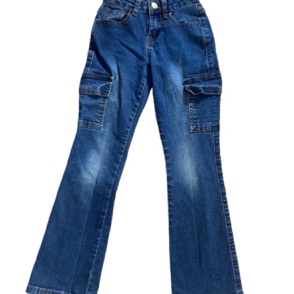 Blue Flared Denim Jeans with Distressed Details